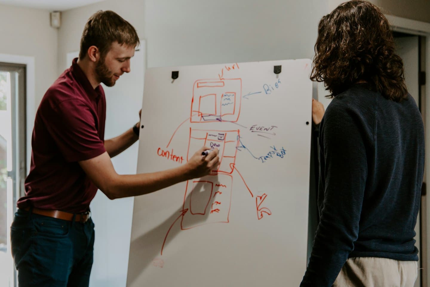 Man draws website wireframe on a flip chart with colleague.
